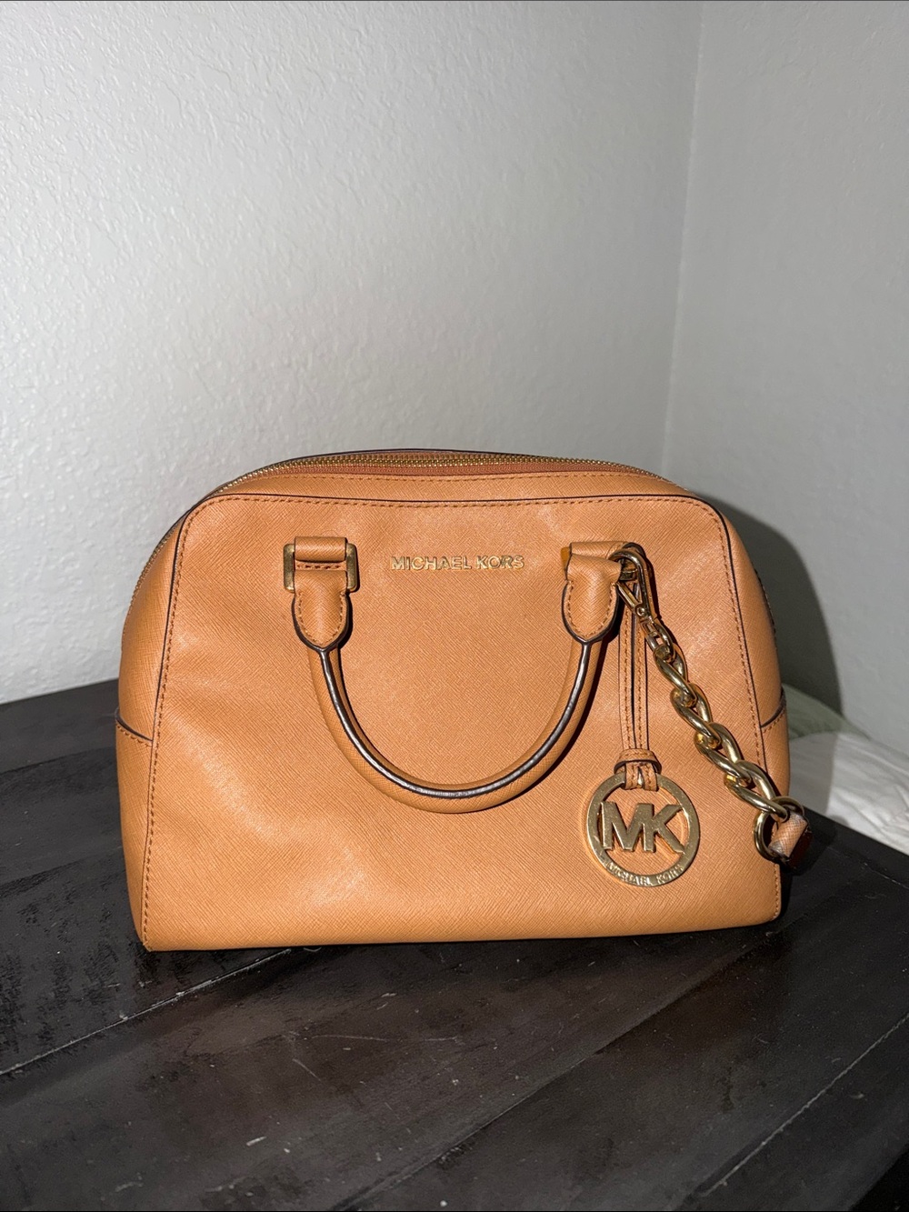 Michael Kors Cognac Saffiano Leather Satchel with MK Charm